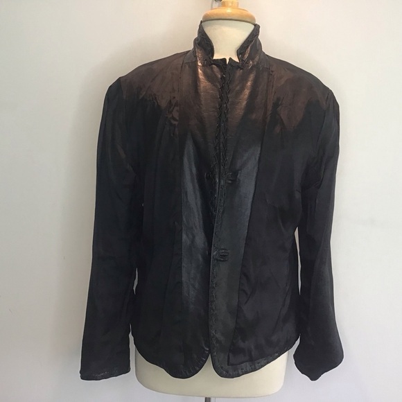 Rene Lezard black leather notched collar/zigzag stitching, 2 button blazer EU 42 - Picture 6 of 12